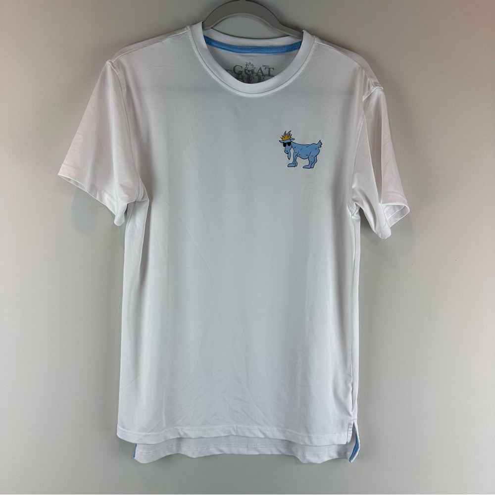 Goat USA Men’s White Blue Graphic Short Sleeve Tee Shirt Size Small